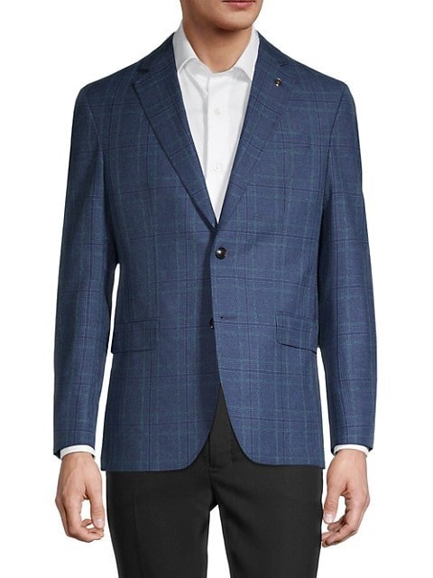 Blue plaid wool, cotton, and silk-blend mens sportcoat