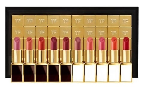 Tom Ford lipsticks in shades of pink, red, and berry