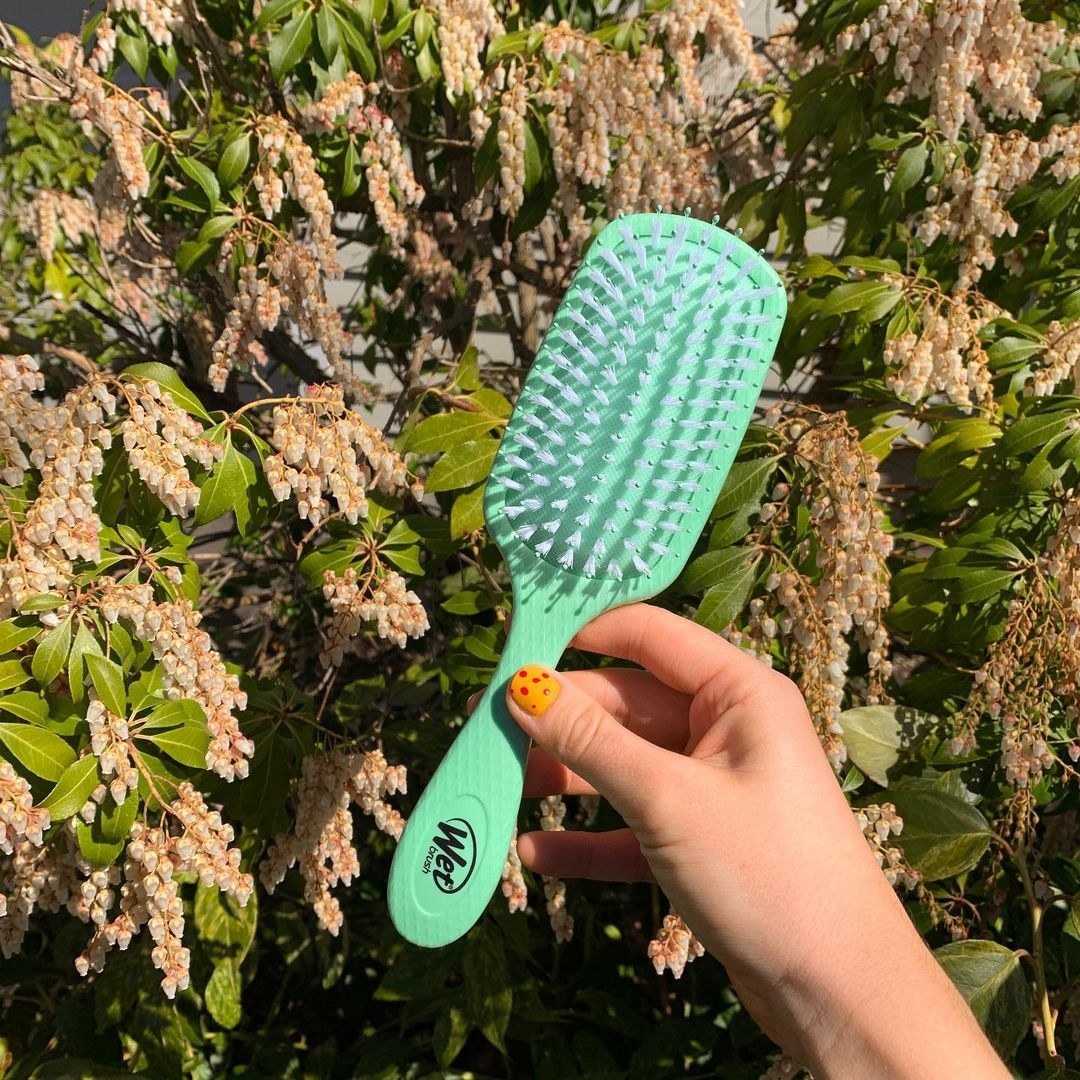 A person holding the WetBrush in front of a flower bush