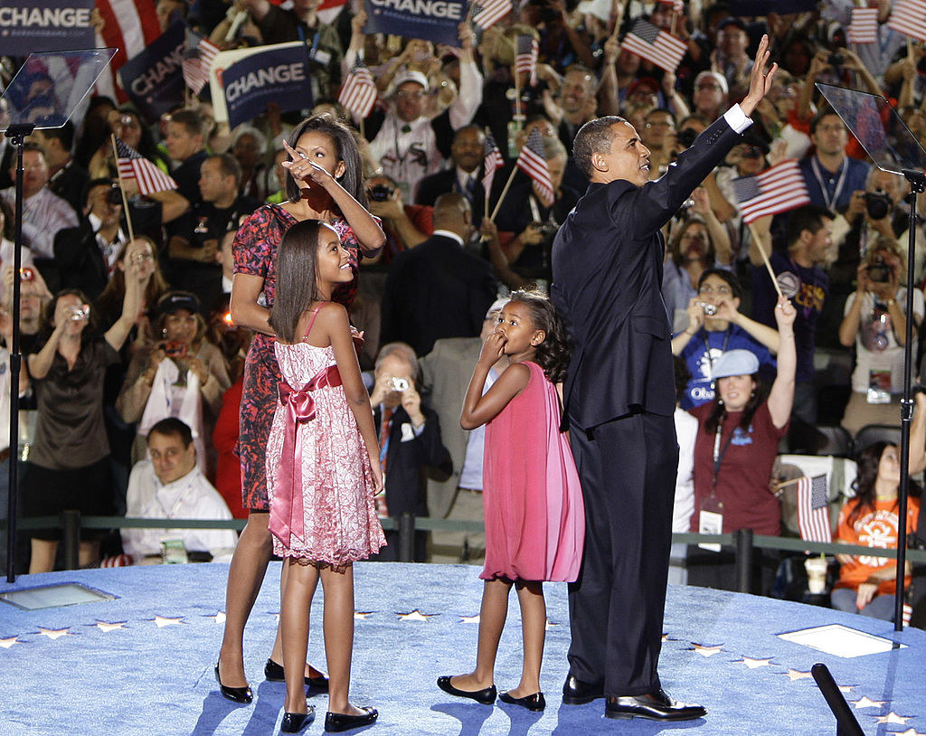 The Obama family waving to the crowd at the Democratic National Convention