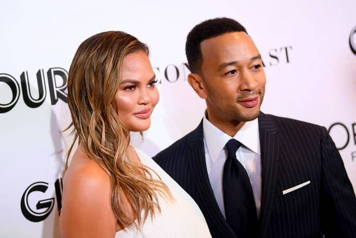 Chrissy Teigen and John Legend pose for cameras