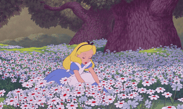 Alice from &quot;Alice in Wonderland&quot; sitting in a field of flowers