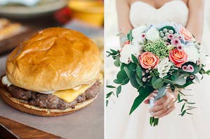 On the left, a cheeseburger, and on the right, a bride holding a bouquet