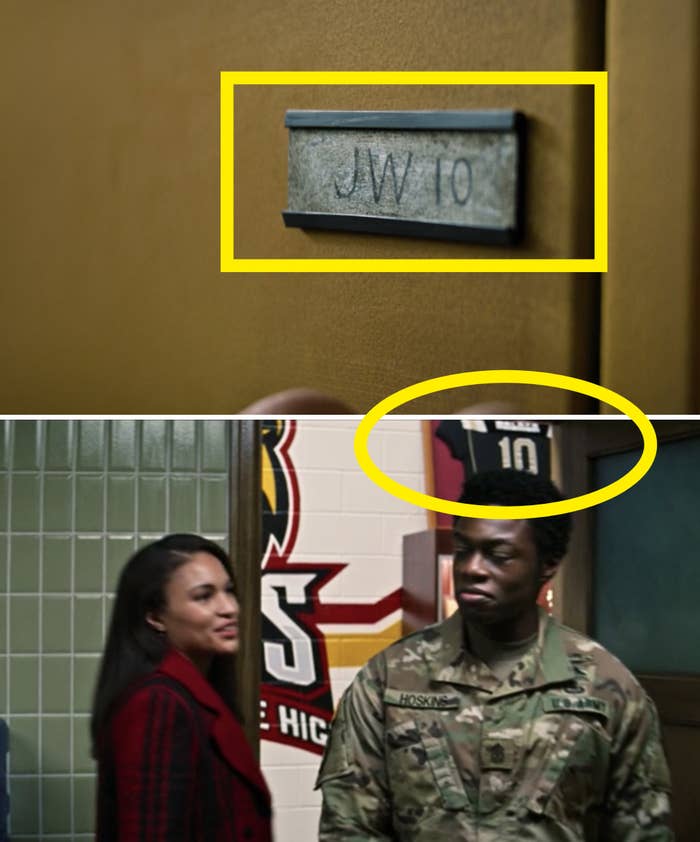 A plaque reading &quot;JW 10&quot; and a circle around John&#x27;s jersey