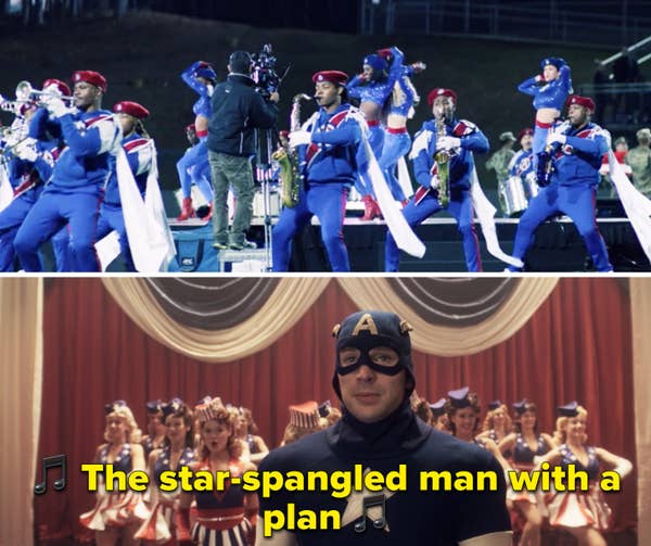 A marching band playing music vs. Captain America talking on stage