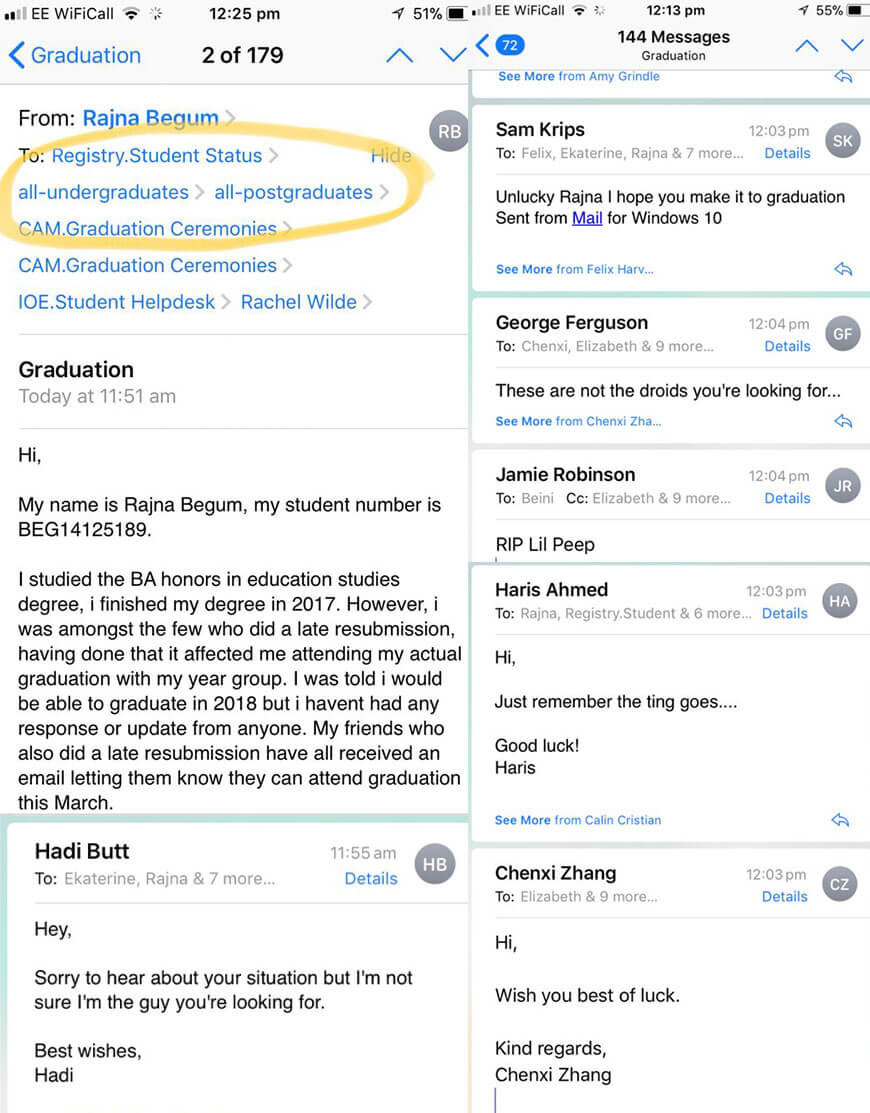 email from a student asking about late resubmissions and being able to graduate, but sent to the whole school, and a bunch of replies saying good luck