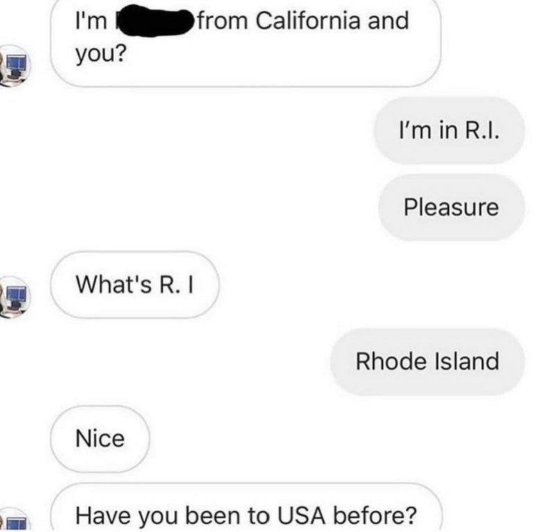 instagram convo of two Americans where one asks if Rhode Island is in the United States