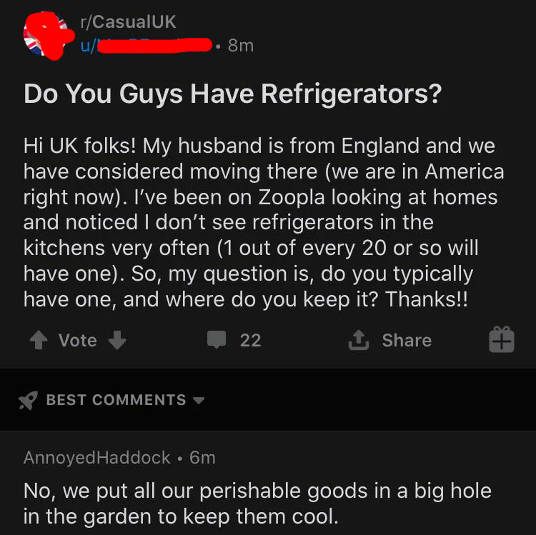 reddit post of someone asking a UK subreddit if they use fridges