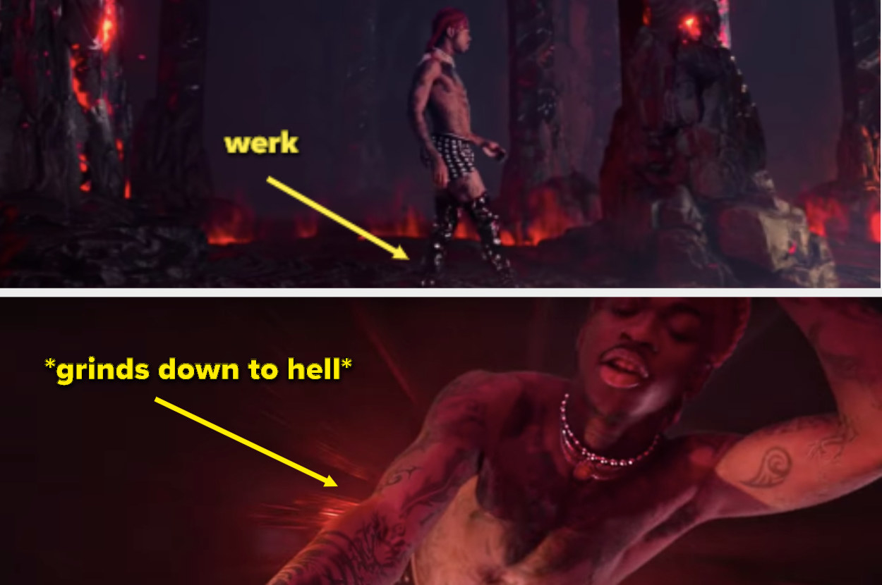 The word &quot;Werk&quot; with an arrow pointed at his boots, and the caption &quot;grinds down to hell&quot; as he slides down the pole to hell