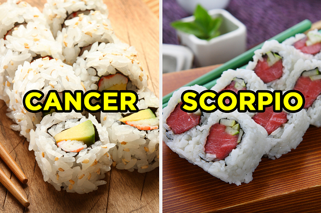 On the left, a California roll labeled "Cancer," and on the right, a tuna roll labeled "Scorpio"