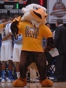 Bald eagle mascot wearing a yellow Morehead State shirt.