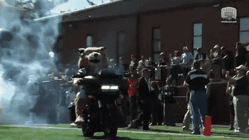 Bobcat mascot in Ohio football gear riding a motor bike.