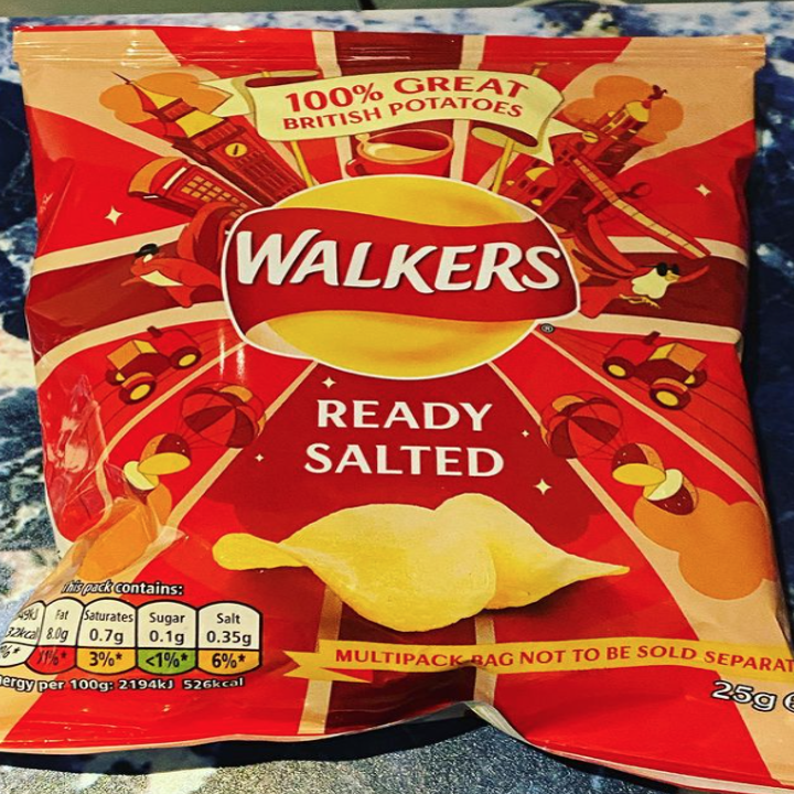 A bag of Walkers potato chips with a logo that looks like a sun and a red ribbon going across it with specific similar font to Lay's
