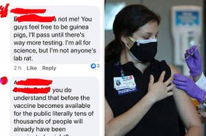a person being called out for refusing to get the covid vaccine, next to a woman receiving hers