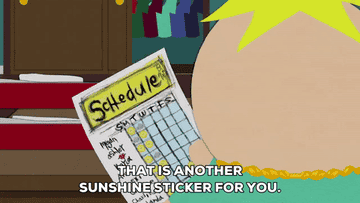 Butters from South Park putting stickers on a homemade schedule sheet