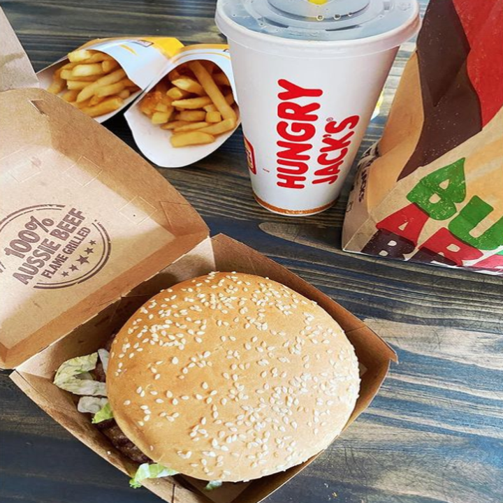 A Whopper meal from Hungry Jack's with the same retro font logo on the cup