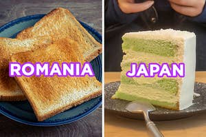 On the left, some toast on a plate labeled "Romania," and on the right, a matcha layer cake labeled "Japan"