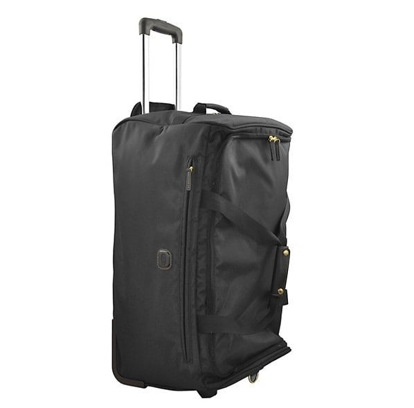 Black rolling duffel bag with two wheels, top handle, and 2 leather carrying handles