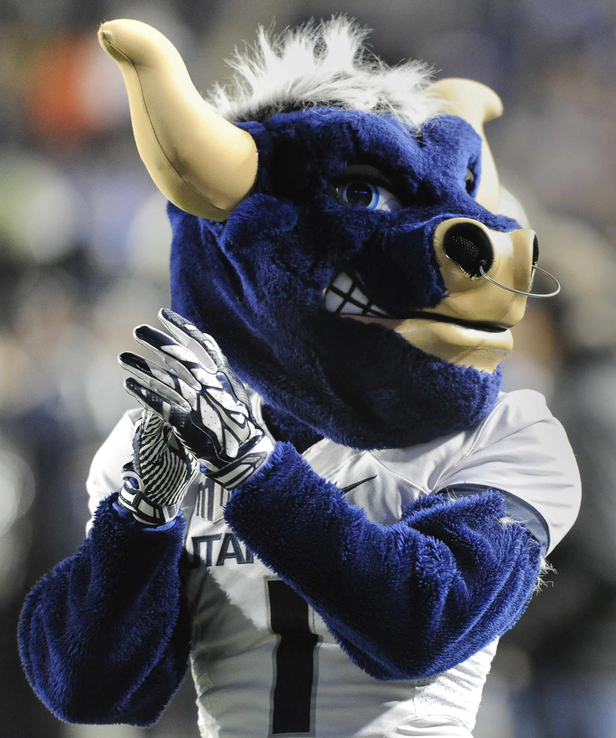 Blue bull mascot clapping.