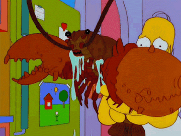 Homer holding a huge lobster
