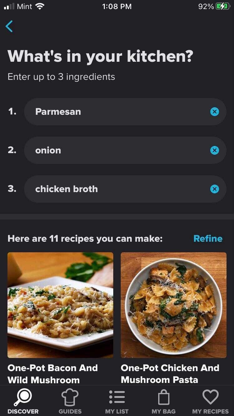 Screenshot of the What&#x27;s In Your Kitchen tool showing 11 recipes containing Parmesan, onion, and chicken broth