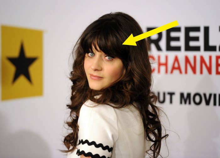 An arrow pointing at Zoey&#x27;s bangs