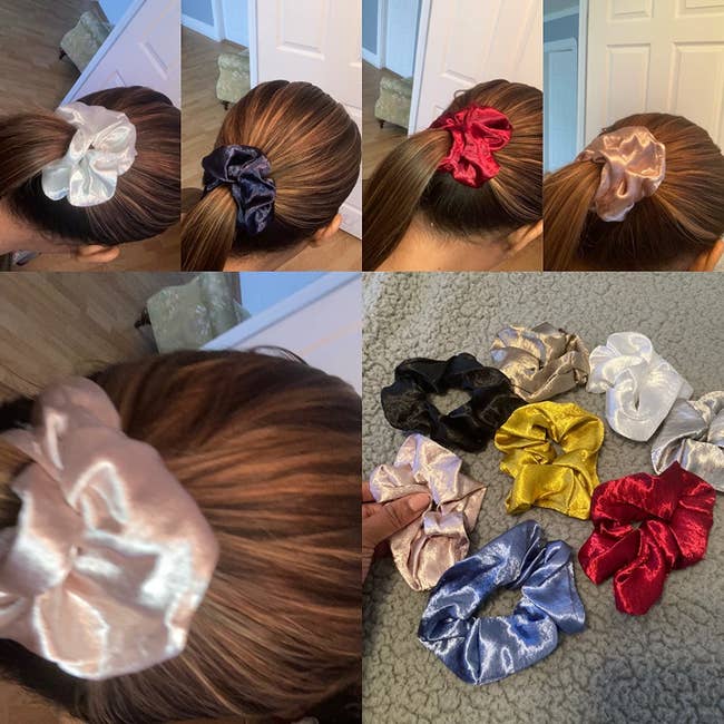reviewer collage of pictures of them wearing a satin scrunchie in a high ponytail with each color