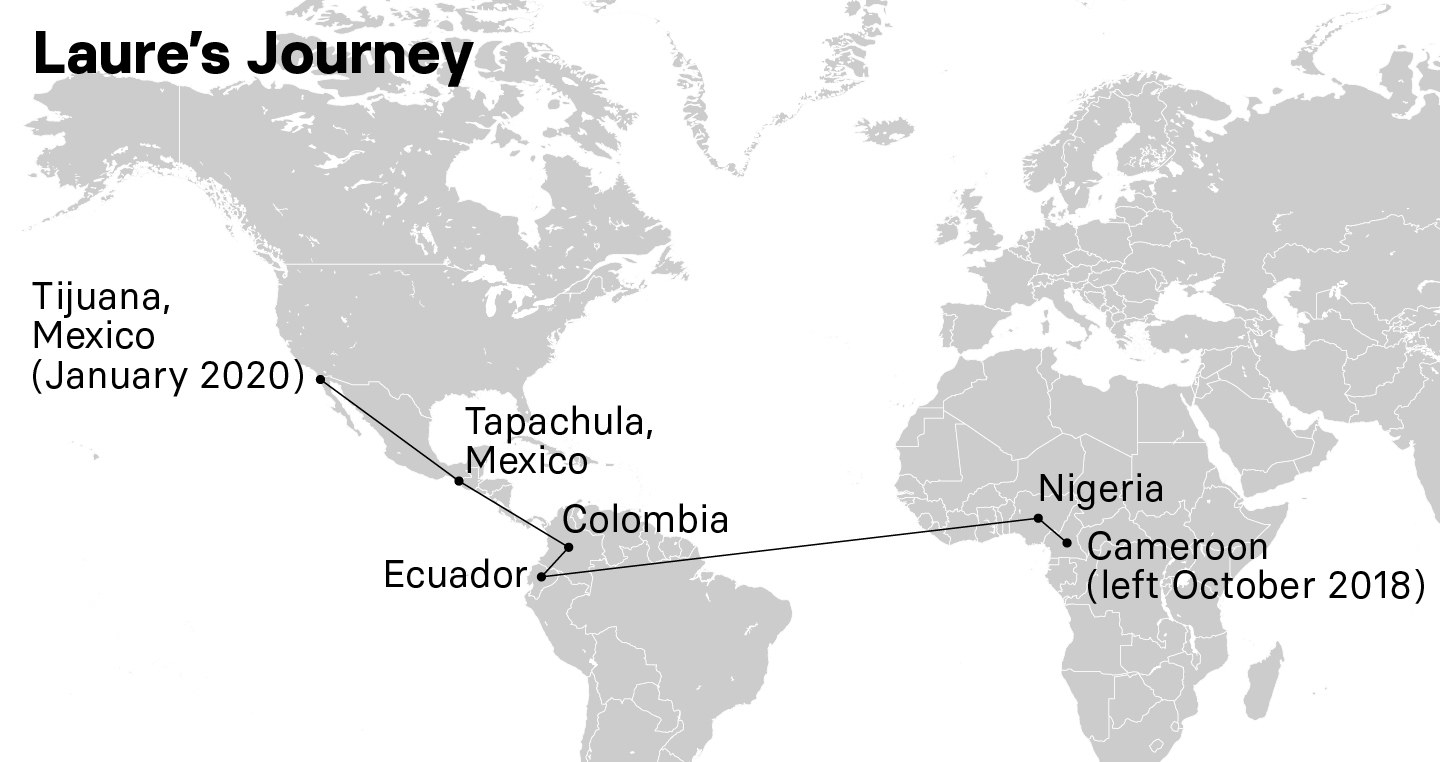 A map showing Laure&#x27;s journey from Cameroon in October 2018 to Nigeria to South America and ultimately to Tijuana, Mexico, in January 2020