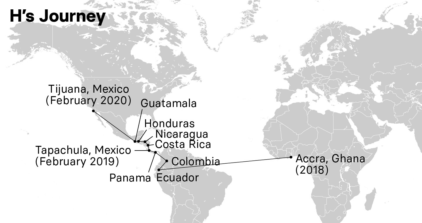 A map showing H&#x27;s journey from Accra, Ghana, in 2018 through South and Central America to Tijuana, Mexico, in February 2020