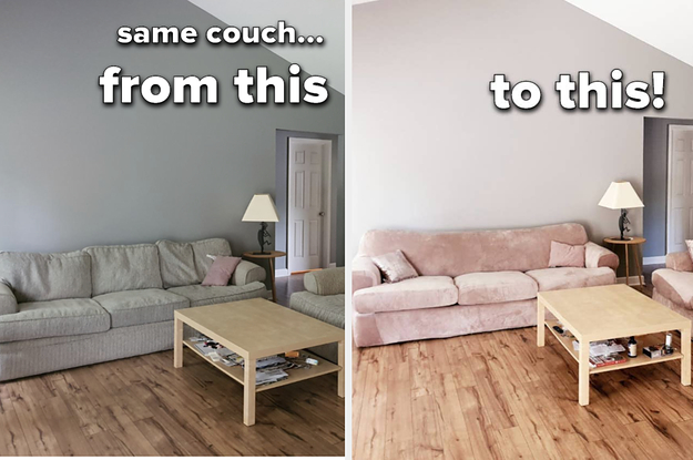 Reviewer before/after of their couch with the taupe velvet slip added. The after pic shows couches that look brand new and completely different