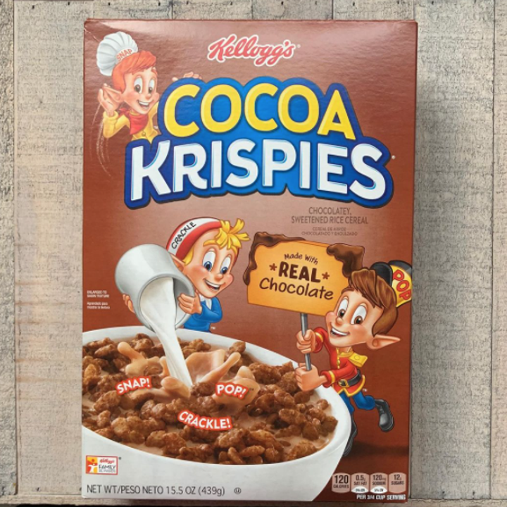 A box of Cocoa Krispies chocolate puffed rice cereal