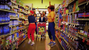 Characters dancing in the supermarket