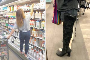 A woman climbing a rack at the grocery store and another with a thigh-high boot at her butt level