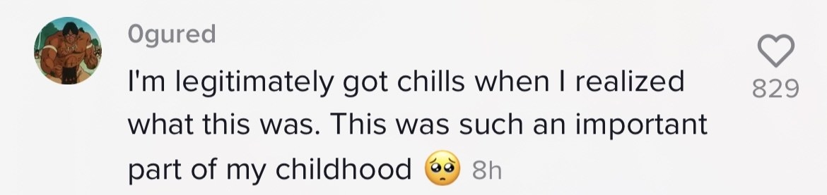 A commenter saying they got chills from the video because the show was such an important part of their childhood