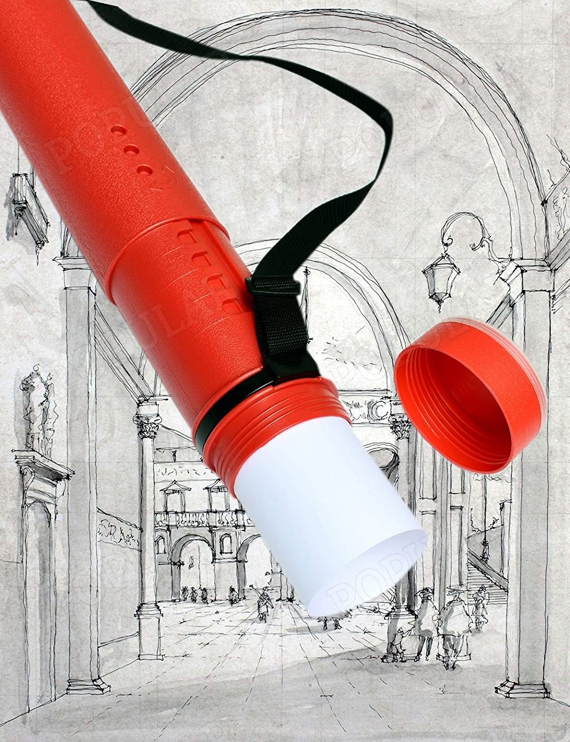 Tube with a sheet falling out of it, placed above a sketch.