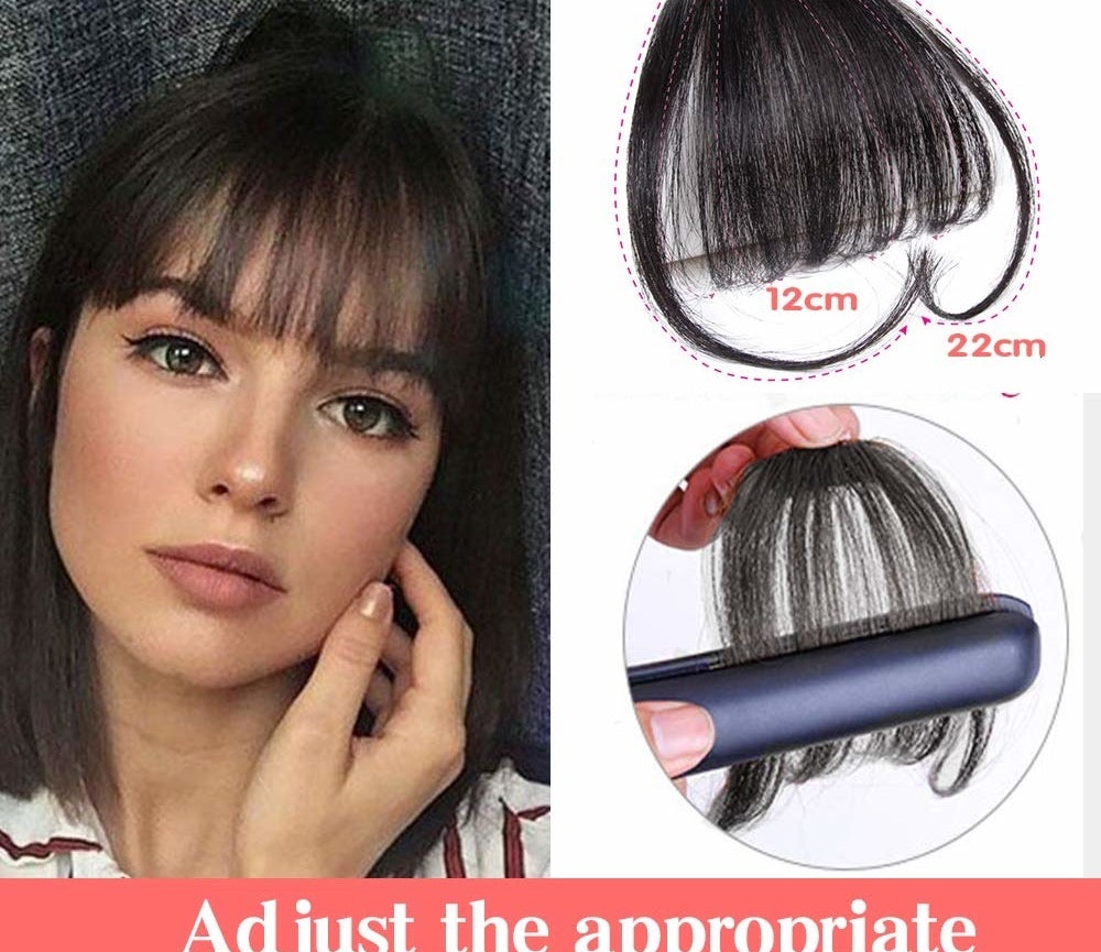 Image showing a person wearing the clip-on fringe on one side, and the other side showing the fringe itself and how to style it using a straightener.