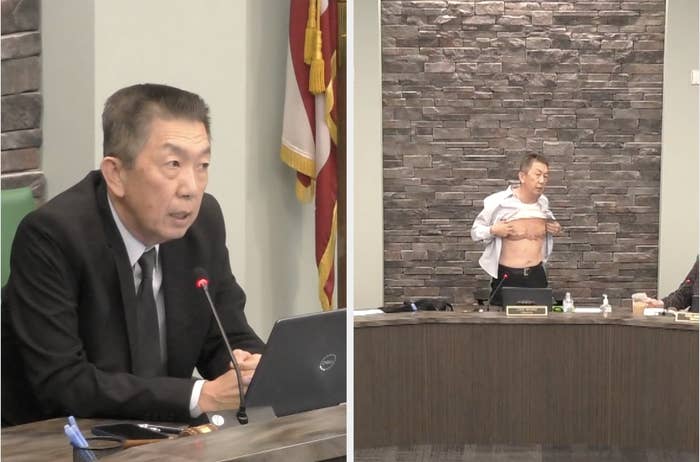 Side-by-side images of Lee Wong speaking into a microphone and showing the scars on his chest