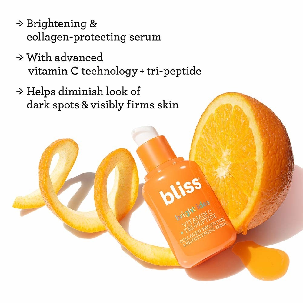 Infographic listing the benefits of the serum including that it brightens, protects, and fades dark spots