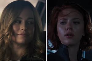 Captain Marvel is in a car on the left with Black Widow on the right