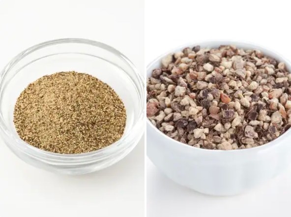 Two pictures side-by-side; the first picture is a small glass bowl filled with finely ground black pepper. The second picture is of cracked black pepper