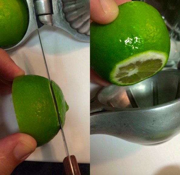 Two pictures side-by-side; first picture shows someone cutting the bottom end of an already halved lime. The second picture shows the lime half being placed into a squeezer