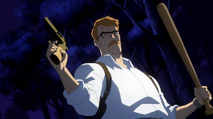 James Gordon holding a gun as he battles some villains running around the streets of Gotham