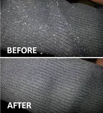 a reviewer's before and after photo of their sweater with and without fuzzies all over it