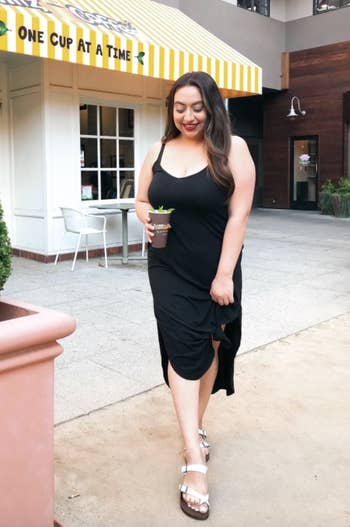 reviewer wearing the achromatic dress