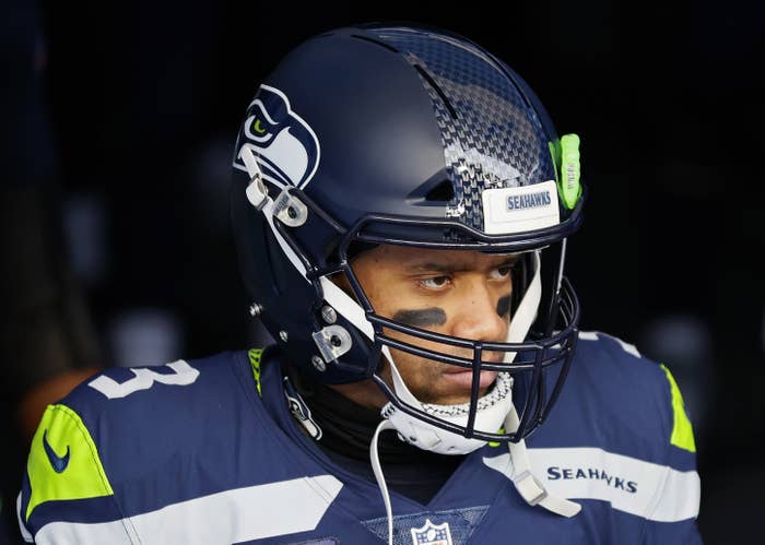 Present day Russell Wilson in Seahawks uniform.