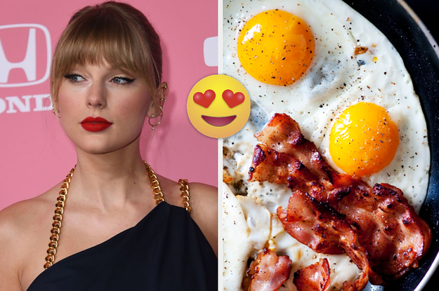 Taylor Swift poses for pictures at an event and a skillet full of fried eggs and bacon.