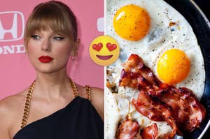 Taylor Swift poses for pictures at an event and a skillet full of fried eggs and bacon.