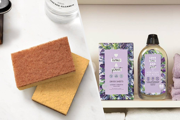 to the left: a brown and yellow sponge, to the right: a lavender detergent