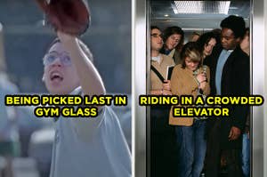 On the left, Bill from "Freaks and Geeks" trying to catch a baseball labeled "being picked last in gym class," and on the right, people in an elevator labeled "riding in a crowded elevator"