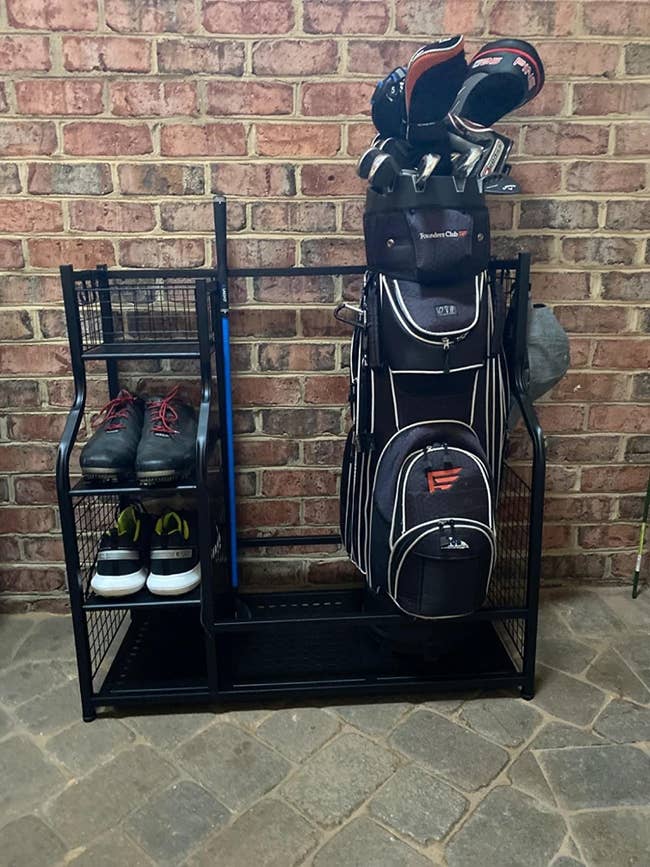 a reviewer's golf bag storage system